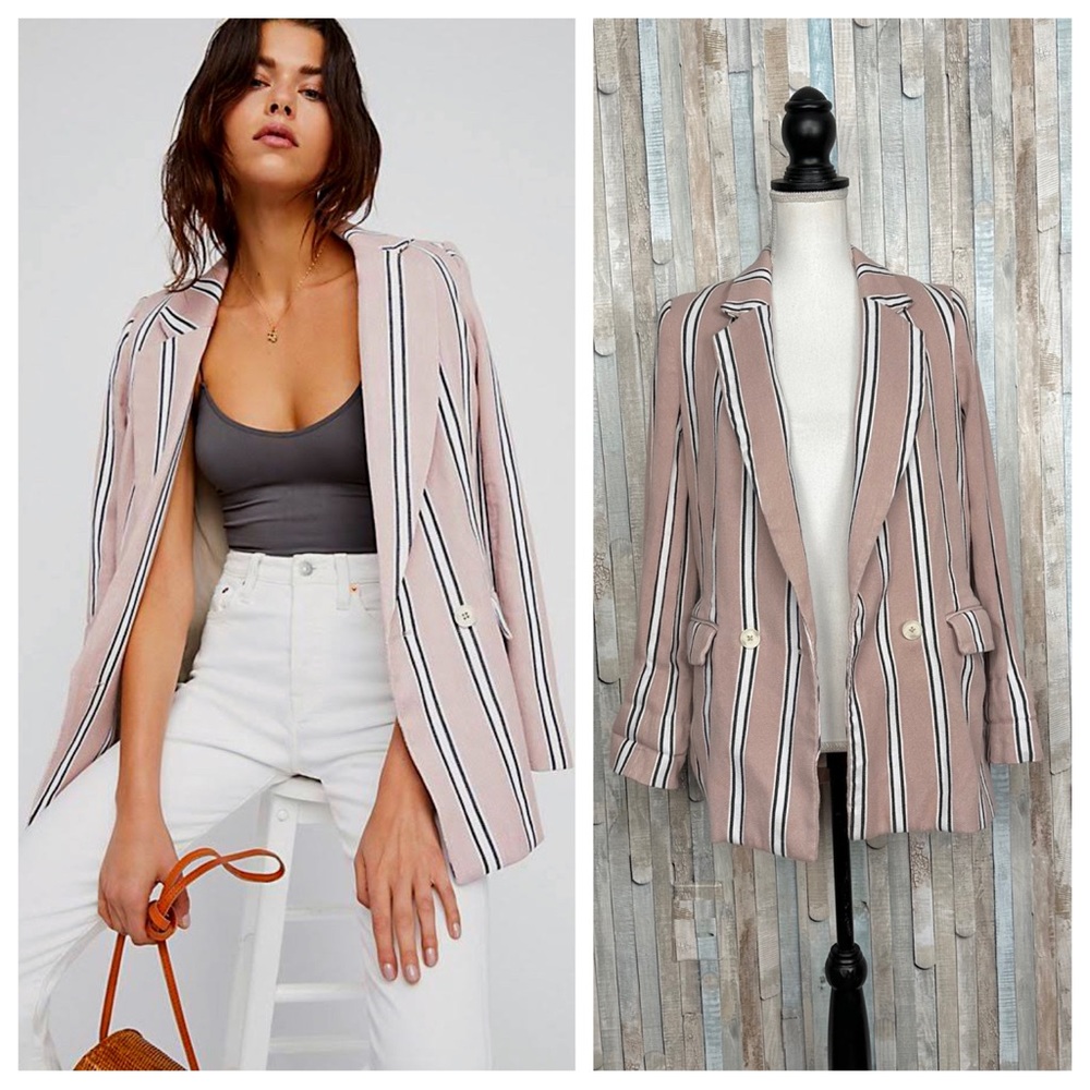 Free People XS Rose Pink Oversized Striped Knit Uptown Girl Blazer‎ Jacket $168